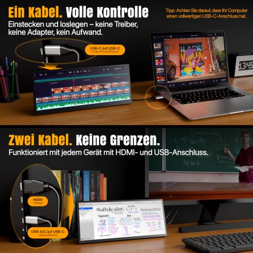 ROADOM 12,3" Mini Touchscreen Monitor, 1920x720 Ultra-Wide Bar USB-C HDMI – Ansicht 4