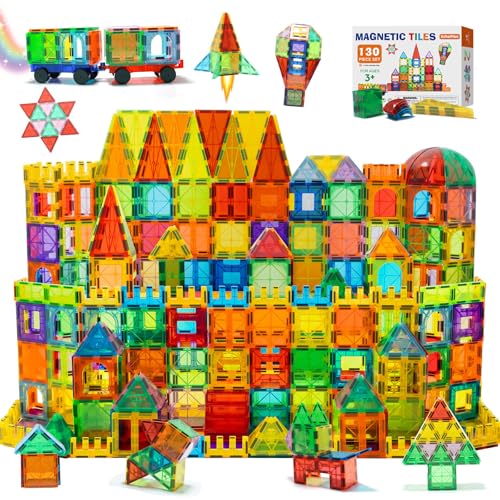 EchoPlan Magnetic Tiles, 130PCS Magnetic Blocks with 2 Cars, Magn...