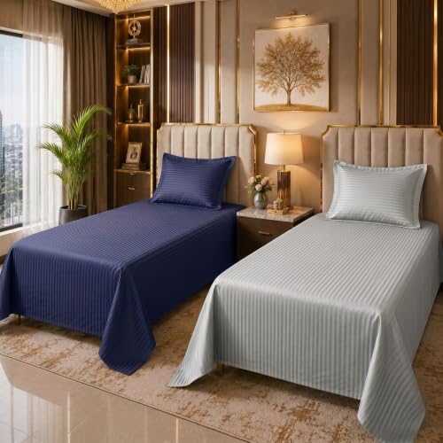 Image of Mafatlal 210 TC Italian Stripe Single Bedsheet Set with Pillow Cover (60 x 90 Inches) | 100% Cotton | Hotel Collection | Soft Breathable Flat Bed Sheet | Grey N Navy