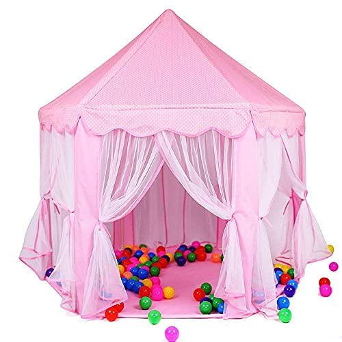 Kids Prince Princess Castle Theme Play Tent with Mosquito Net Design for Kids (Pink) (140cm x 135cm x 70cm)