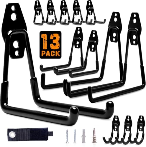 Pack 13 Garage Hooks Heavy Duty | Multi-Sized Wall-Mounted Tool Hangers with Anti-Rust PVC Coating | Heavy Duty Wall Hooks for Bikes Ladders Garden Tools and More with Garage Wall Organizer