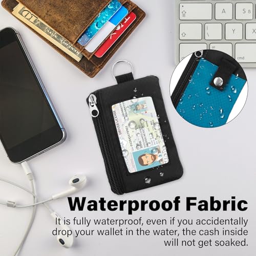 Image of Minimalist RFID Wallet with Lanyard, Multi-Functional ID Case with 2 Zipper Pockets and Key Chain for Men and Women, Tactical Badge Pouch Cards Holder, Coin Purse for Travel Sports - Black&Blue