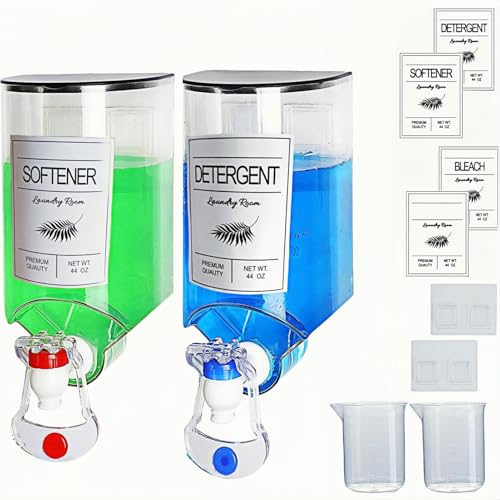 2 PCS Laundry Detergent Dispenser, 44 oz Wall Mounted Laundry Soap Dispenser with Faucet Liquid Detergent Holder for Laundry Room, Fabric Softener Container with Labels Adhesive Hook Measuring Cup