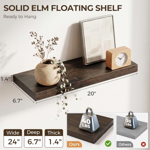 Image of Elm Floating Shelves for Wall - 20 in Rustic Solid Wood Shelves with Heavy-Duty Invisible Bracket, Wall-Mounted Wooden Shelf for Living Room, Bathroom, Kitchen Storage & Display, Set of 2, Walnut