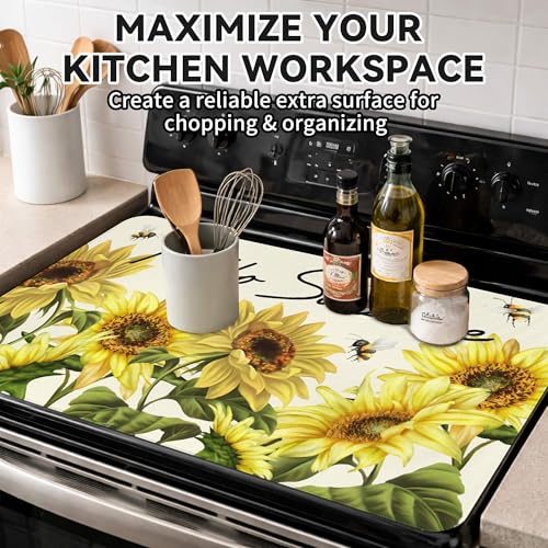 Decorative Stove Top Covers for Electric Stove 28"x20" – Heat Resistant Glass Cooktop Protector Dish Drying Mat – Non-Slip Rubber Backing Washer Top Cover Waterproof Extra Counter Space (Sunflower 2) by PyreneanHaven - Used condition - Image 7