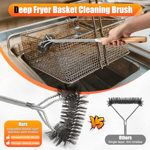 Fryer Cleaning Tools Set of 3, Stainless Steel Deep Fryer Basket Brush, Long Handle L-Shaped Crevice Cleaning Brush and Cleanout Rod Kit for Kitchen Restaurant, Electric Fryer Degreasing Scrubber Tool