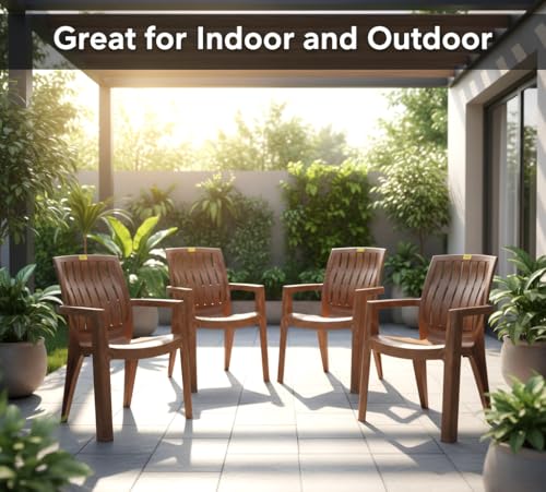 Image of Patiofy Plastic Arm Chair for Living Room, Heavy Duty Plastic Chair for Home and Outdoor, Solid Back Support, Comfortable Seating with Arm Support, 200 Kg Capacity (Spino Sandal- Set of 4)