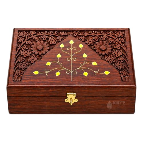 Image of Wooden OM Box for Good Luck| Jewellery Box| Decorative Case| Kit| Vanity| Organiser For Women, Necklaces, cash, gold (Crown Natural, 8X5 Inches)