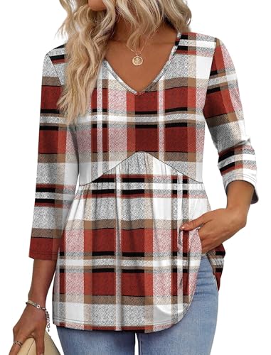 Image of OFEEFAN 3 /4 Length Sleeve Womens Tops 2026 Blouses for Women Dressy Casual Fashion Clothing V Neck Babydoll Tops Fall Outfits