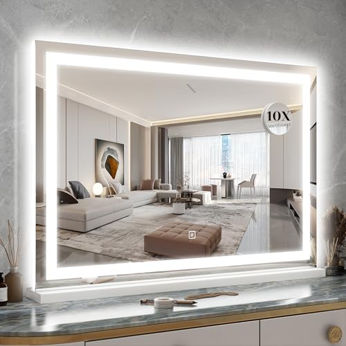 Image of ROLOVE 31 inch x 22 inch Large Lighted Vanity Mirror with Lights, Dimmable 3 Modes, LED Makeup Mirror for Bathroom ＆ Dressing Room, Tabletop or Wall-Mounted, 10X Magnification, White