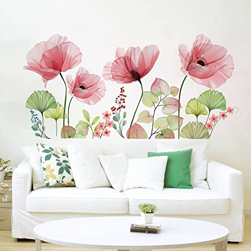 Runtoo Poppy Flowers Wall Stickers Floral Leaf Wall Art Decals Living Room Bedroom Nursery Wall Decor, Red Poppies
