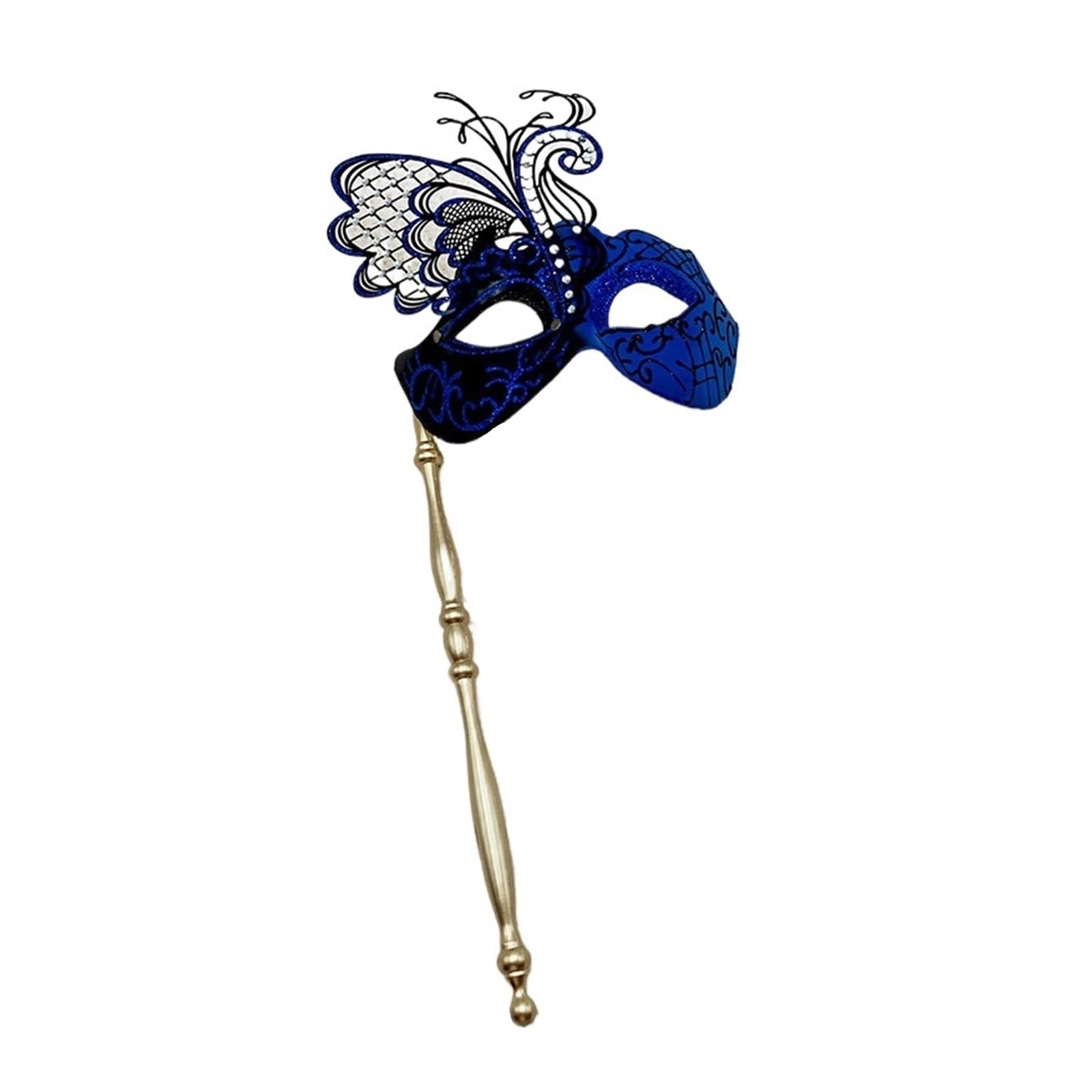 MLYPRU Masquerade Ball Masks, Portable Masquerade Mask with Stick for Women & Couples, Mysterious Mardi Gras Mask Venetian Halloween(Blue)
