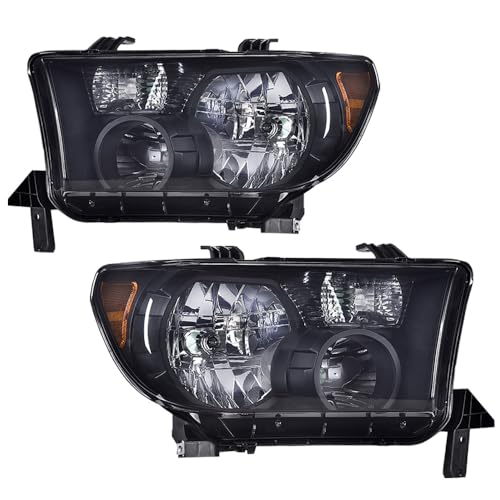Image of GRAND ORANGE Headlights Assembly Compatible with Toyota Tundra 2007-2013, Fit Toyota Sequoia 2008-2017 Left & Right Headlamps, Smoky Lens Black Houing Amber Reflector, 811100C051