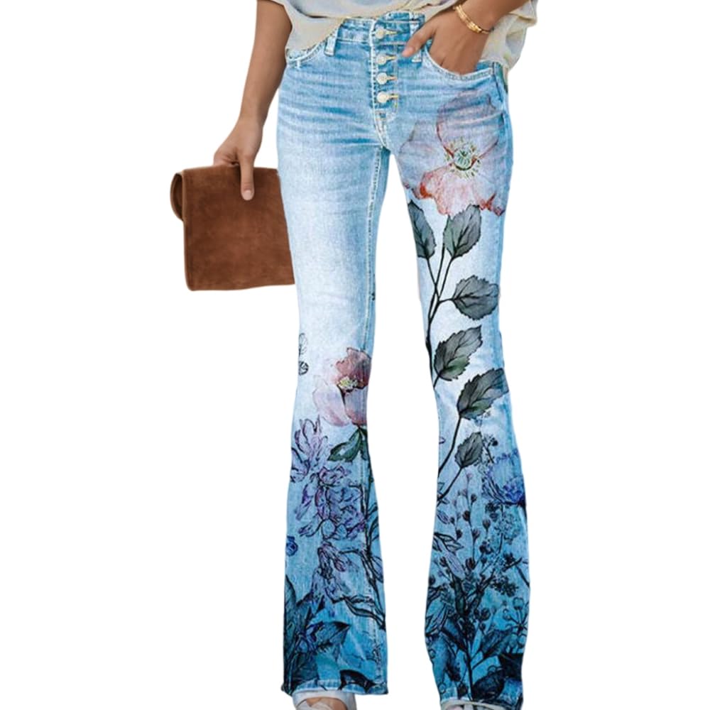 Womens Denim Printed Floral Graphic Elastic Waist Palazzo Pants Casual Loose Wide Leg Zipper Trousers with 2 Pockets