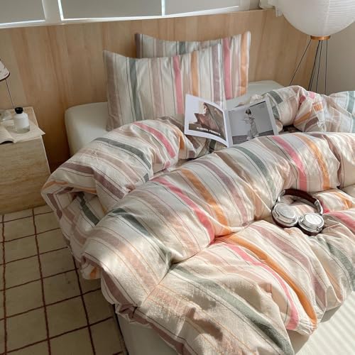 Image of VM VOUGEMARKET Full Duvet Cover Set,Multicolor Stripes Pattern | Soft Breathable Washed Cotton Bedding Striped Duvet Cover with 2 Pillowcases for Teens(Orange /Pink /Green /Coffee)