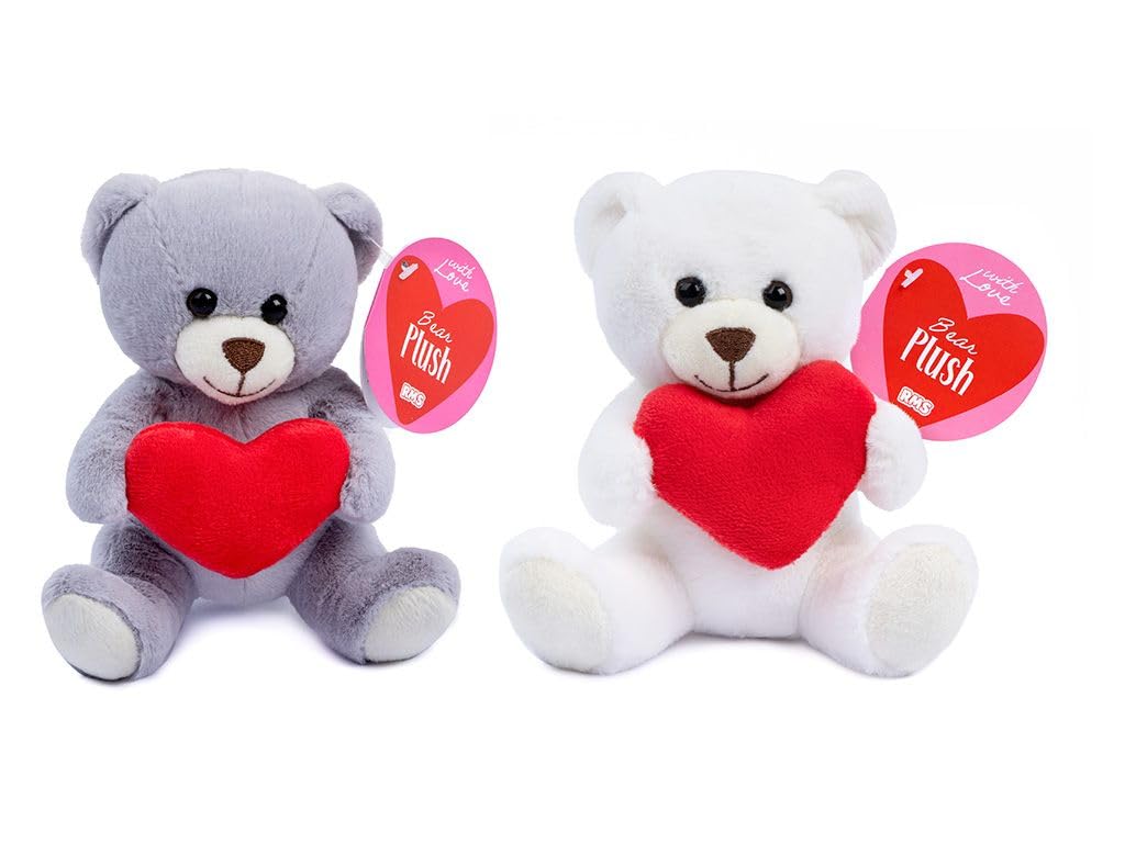 Quickdraw Supplies Mother’s Day Teddy Bears Set of 2 Plush Love Heart Soft Toys 15cm Grey & White for Mum Letterbox Present Mini Cuddly Bear Pair Keepsake Decoration
