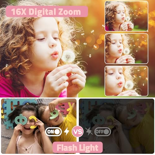 Image of Digital Camera, FHD 1080P Compact Camera with 32GB Card，48MP Camera 2.4'' LCD 16X Digital Zoom for Kid Student Children Teen Girl Boy(Pink)