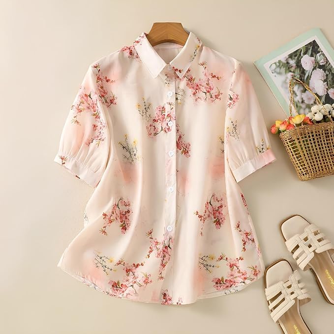 Image of Gufrina Women Floral Printed Shirt Short Sleeve Button Down Top | Casual Summer Blouse Lightweight Soft Fabric Regular Fit Stylish Top