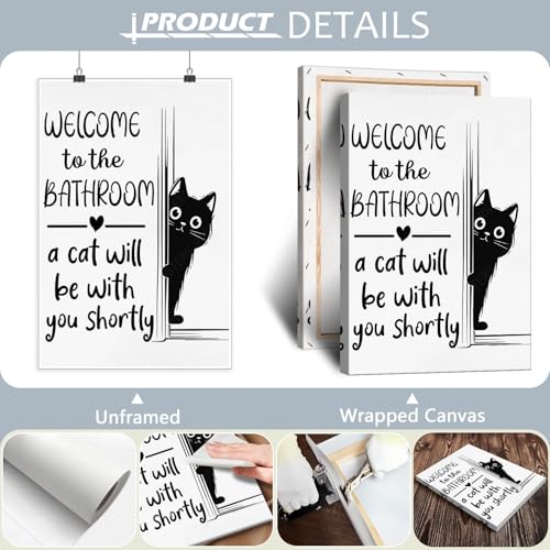 ZTCYBWH Black Cat Wall Art Posters Minimalist Black and White Bathroom Posters Canvas Print Home Wall Decor For Welcome To The Will Be With You Shortly Decor 12X18 in Wrapped Framed Ready To Hang by ZTCYBWH - Used condition - Image 2