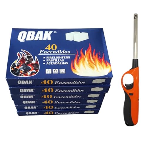 6 Cajas 240 Pastillas de Encendido para Barbacoas, Chimenea, Estufas, Hornos. Pastilla para encender Carbon. Incluye Mechero Largo de Cocina