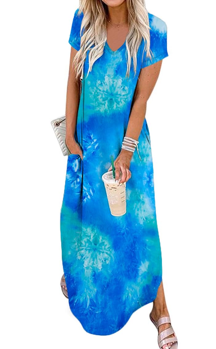 Jeqeocafy Women Summer Long Sundress Crewneck Short Sleeve Maxi Dress 2026 Casual Loose Beach Dress with Pockets