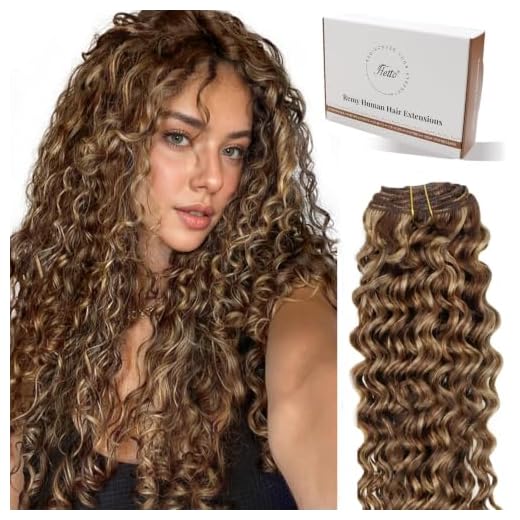 Hetto Loose Curly Hair Extensions Clip in Real Human Hair 20 Inch Natural Wavy Clip in Hair Extensions Human Hair Blonde Highlighted Brown Curly Clip in Extensions Remy Human Hair 20Inch 7Pcs 105g