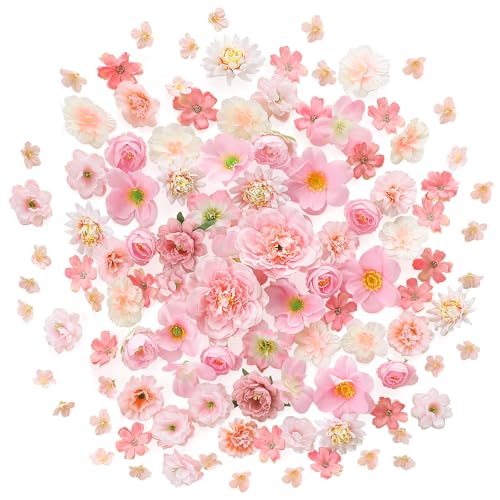 Floroom Mini Artificial Flower Heads Pink & Blush Fake Peony Daisy Rose Multicolor Small Faux Silk Flower Heads for Cake Craft Garland Wedding Party Graduation Cap DIY Home Decoration 0.8-3.6
