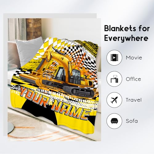 Custom Kids Blanket, Construction Truck Blankets for Boys, Personalized Excavator Throw for Boys Men Adults, Soft Plush Throw for Car Lovers, 50"x60"