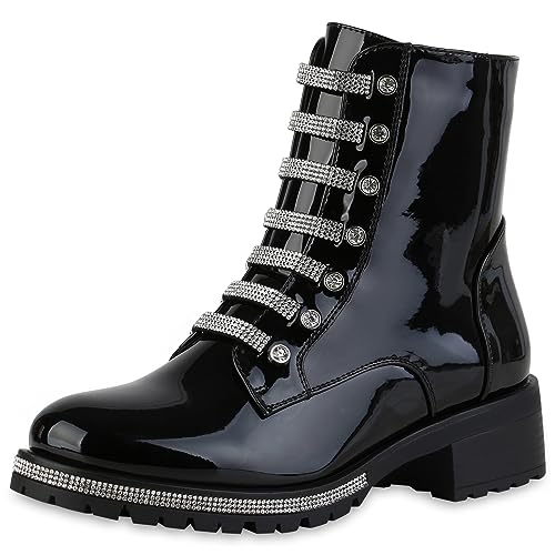 VAN HILL Damen Klassische Stiefeletten Blockabsatz Strass Trendy Schuhe 840586 213269 Schwarz Lack 38