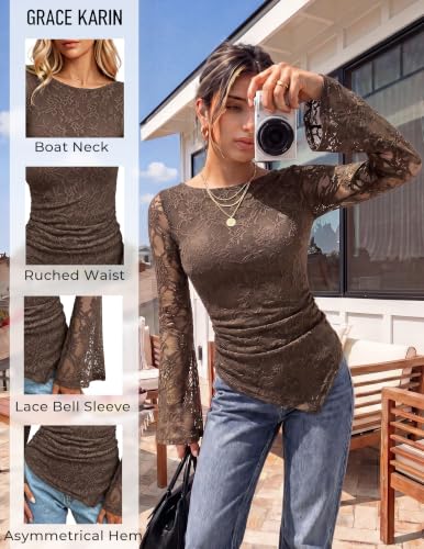 GRACE KARIN Womens Lace Tops Sheer Bell Long Sleeve Ruched Asymmetrical Boho Western Clothes Fitted Mesh Peplum Shirt Flowy, Coffee Rose, X-Large — view 4