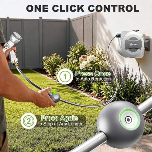 Image of Silvel Automatic Retractable Garden Hose Reel, 1 /2 inch x 110ft Wall Mount, 12V 2.5Ah Battery Powered & Button-type Length Control,Heavy Duty Hose Reel with 10 Pattern Nozzle, Upgraded UV Resistant