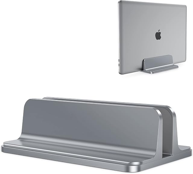 OMOTON Vertical Laptop Stand Adjustable, Desktop Aluminum MacBook Stand with Adjustable Dock Size, Laptop Holder Fits All MacBook, Surface, Chromebook and Gaming Laptops (Up to 17.3 inches), Grey