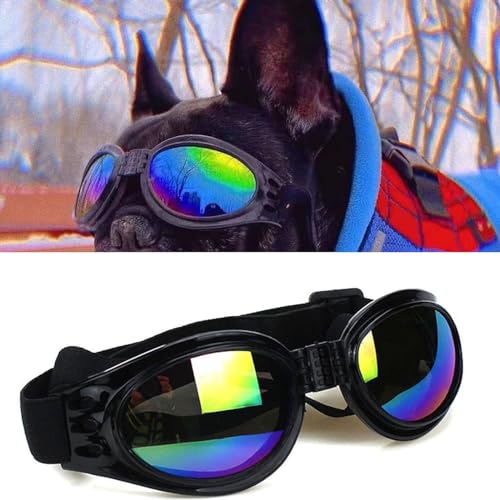 Hundebrille Sonnenbrille für Hunde Anti-UV Schutzbrille, Winddichte Wasserdichte Dog Polarized Sunglasses mit Verstellbarer Riemen für Kleine und Mittlere Hunde (1 Schwarz,Einstellbar)