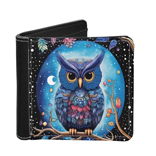 HUIACONG Aztec Owl Slim Wallet Men Heavy Duty Leather Moon Dots Design Short Coin Purse Card Holder Foldable Cash Clutch Wallet Gifts for Party Work