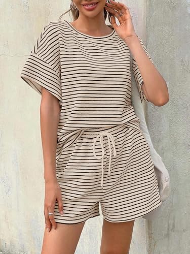 Image of Tankaneo Womens Pajama Sets Striped 2 Piece Lounge Sets Short Sleeve Oversized T Shirts Drawstring Shorts Matching Set