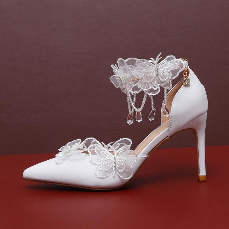 Bridal High Heels with Butterfly Appliques, White Lace Wedding Shoes, Ankle Strap, Stiletto Heel Pumps, Crystal Beaded Details,Sandals4