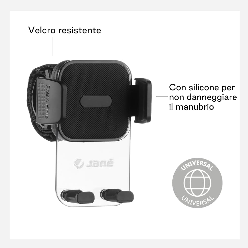 Jané Supporto Smartphone Universale per Passeggino, Rotazione 360°, Installazione Rapida, Stabile e Sicuro