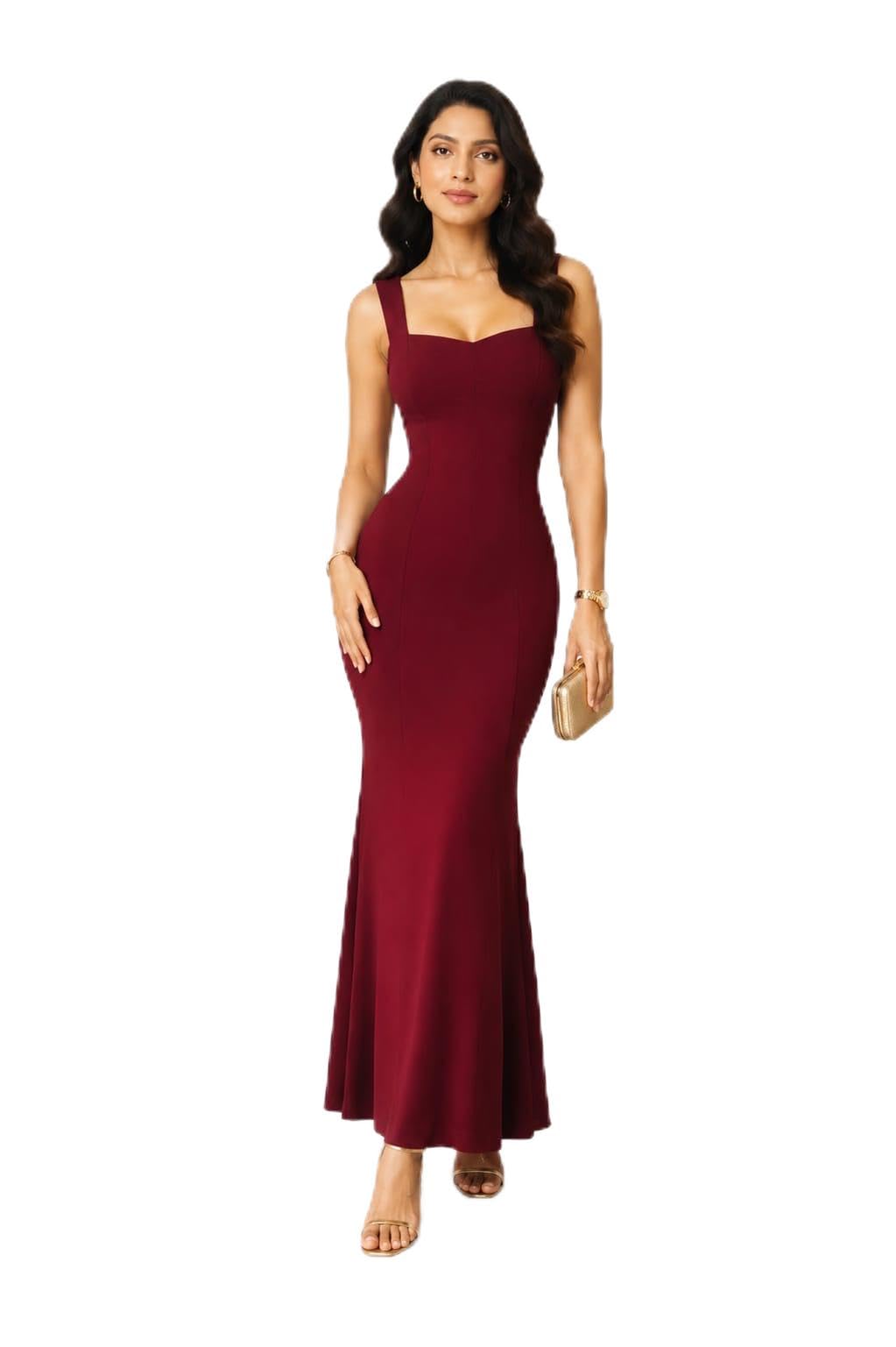 Wine Color Full Length Square Neck Sleeveless Dress-picture-26