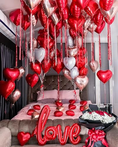 Grcypa Valentines Day Balloons Kit Anniversary Decorations with Love Foil Balloons Heart Foil Balloons Rose Petal for Valentines Day Decorations Romantic Special Night Will You Be My Girlfriend
