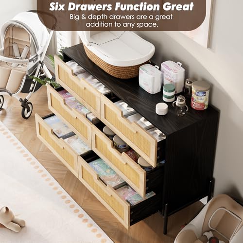 GarveeHome Natural Rattan 6 Drawer Double Dresser, Wooden Chest of Drawer, Farmhouse Storage Cabinet with Solid Metal Legs, Modern Storage Unit for Bedroom, Living Room, Entryway, Black+Oak