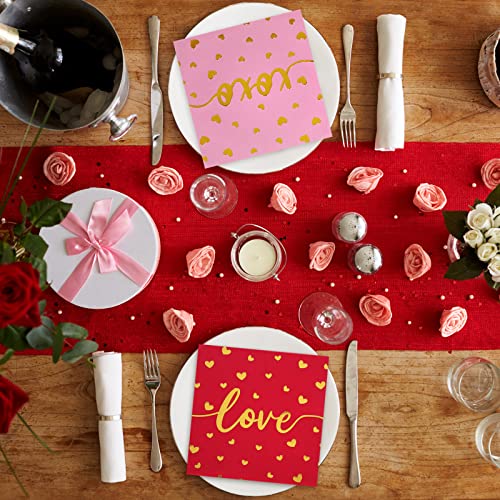 Whaline 75 Pack Valentine's Day Napkins 6.5 X 6.5 Inch Red Pink Gold Foil Dinner Napkins Love Xoxo Kisses Valentines Disposable Paper Napkins For Valentine's Day Wedding Anniversary Party Supplies #TOP6