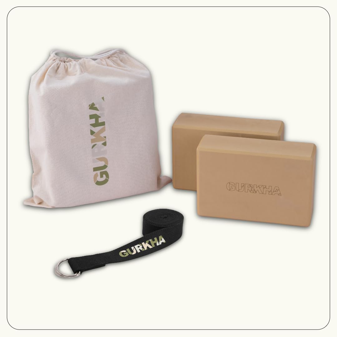 GURKHA Edge™ Yoga Block + Belt Combo | Carry Bag |Set of 2 | High-Density EVA Support for precision Grip & Alignment | Non-Slip Edged Design for Balance & Strength Training | 3X6X9 in (Raw Earth)-image-46