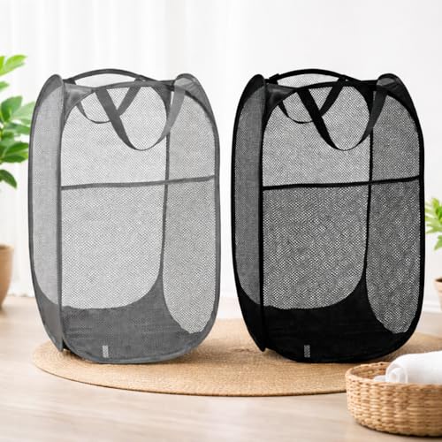 Lot de 2 paniers à linge pop-up pliables en maille avec poignées de transport renforcées - Pour chambre d'enfant, dortoir d'étudiant ou voyage (noir + gris)
