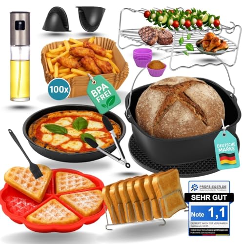 FryChef Heißluftfritteuse Zubehör, Airfryer Zubehör, 18 Teile, mit Backform, 100 x Backpapier, Ölsprüher u.v.m. Passend für COSORI 5,5L, Philips 7,3L, Cecotec 5,5 L. Quadratische Geräte ab 23 cm