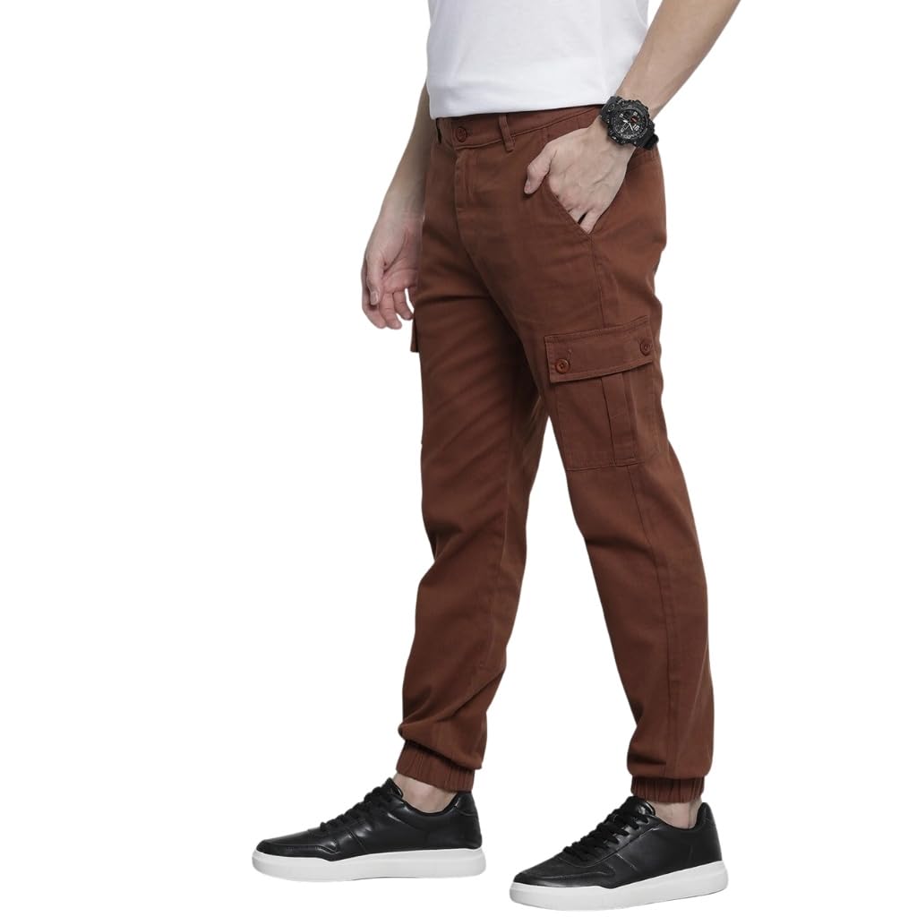 the indian garage co Men's Slim Fit Mid Rise Solid Mid-Rise Stretchable Cuffed Cargos-picture-31