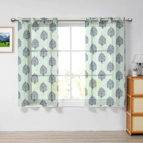 Image of Cortina Linen Printed Sheer Curtain Set of 2 Eyelet Ring Hanging, Floral Printed Curtains Non Blackout Light Filtering Curtains (Green, 5FT)