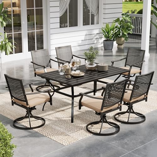Image of Sophia & William Outdoor Patio Dining Set 7 Piece with 6 Swivel Dining Metal Chairs and 1 Rectangular Dining Table (1.57 inch Umbrella Hole) Outdoor Table Furniture Set for Garden Deck Backyard, Black