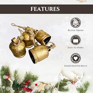 Mie Creation Set of 4 Rustic Vintage Cow Bells Cluster on Jute Rope, Christmas Tree Decorations, Handmade Metal Harmony Cowbells, Shabby Chic Wall Hanging, Holidays Wreath decor - Antique Gold 34 inch Mie Creation Set of 4 Rustic Vintage Cow Bells Cluster on Jute Rope Christmas Tree Decorations Handmade Metal Harmony Cowbells Shabby Chic Wall Hanging Holidays Wreath decor Antique Gold 34 inch
