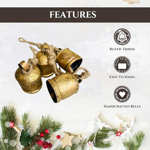 Mie-Creation-Set-of-4-Rustic-Vintage-Cow-Bells-Cluster-on-Jute-Rope-Christmas-Tree-Decorations-Handmade-Metal-Harmony-Cowbells-Shabby-Chic-Wall-Hanging-Holidays-Wreath-decor-Antique-Gold-34-inch Mie Creation Set of 4 Rustic Vintage Cow Bells Cluster on Jute Rope Christmas Tree Decorations Handmade Metal Harmony Cowbells Shabby Chic Wall Hanging Holidays Wreath decor Antique Gold 34 inch