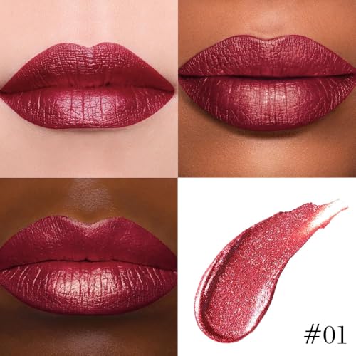 Image of evpct Dark Red Metallic Glitter Lip Liner and Lipstick Combo Lip Gloss Stain Set Makeup for Women Long Lasting Waterproof 24, Wine Red Frosted Metallic Shimmer Glossy Chrome iridescent Liquid Lipstick